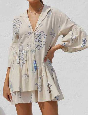Ladies Print Gathering Turn-down Collar Mini Dress