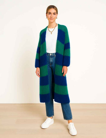 Ladies Striped Color Block Front Open Lantern Sleeves Knit Cardigan