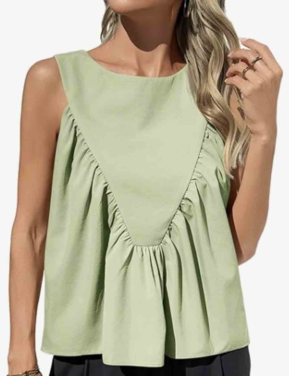 Ladies Solid Color Pullover Shirred Sleeveless Crop Tank Top