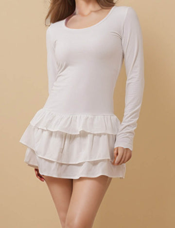 Ladies Round Neck Long Sleeves Ruffle Mini Dress 8SKD51331