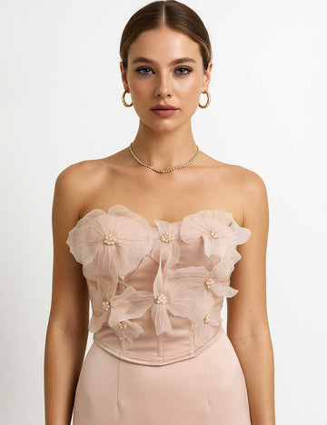 Ladies Strapless Sleeveless Corset 3D Flower Beading Tube Top