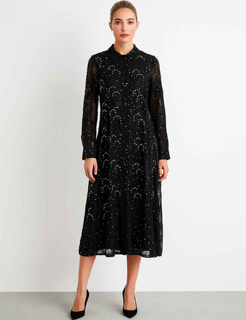 Ladies Embroidery Sequin Beading Turndown Collar Midi Dress