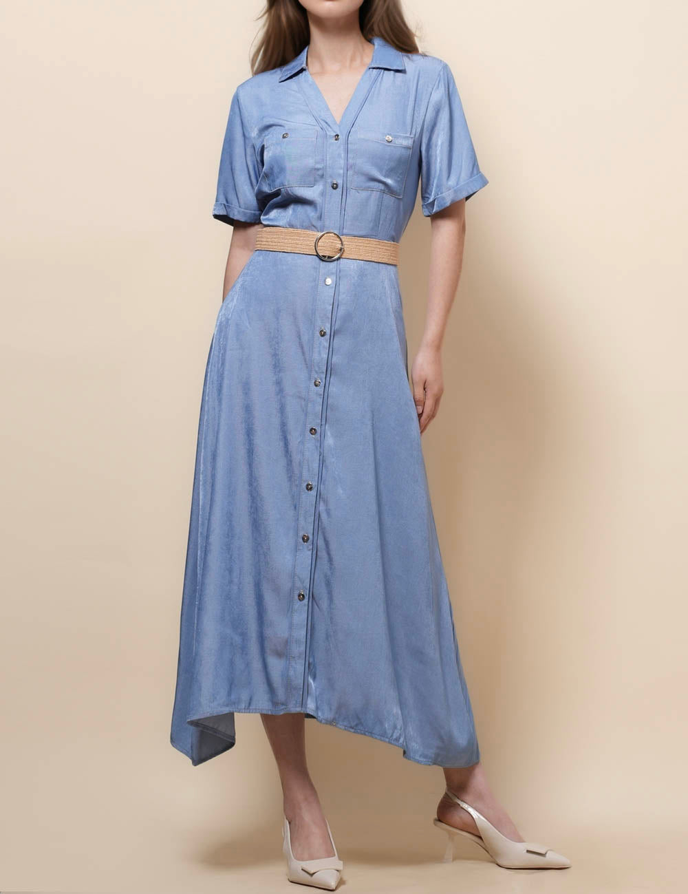 Ladies V-Neck Short Sleeves Denim Midi Dress SKD50031