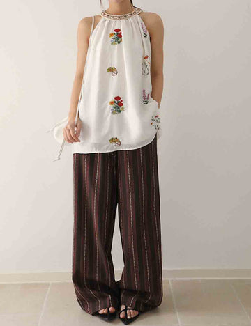 Ladies Flower Jacquared Halter Sleeveless Striped Top & Pants Set