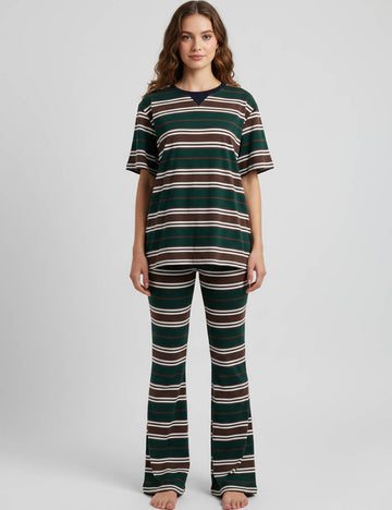 Ladies Striped Shorts Sleeves Flared Leg Top & Pants Set