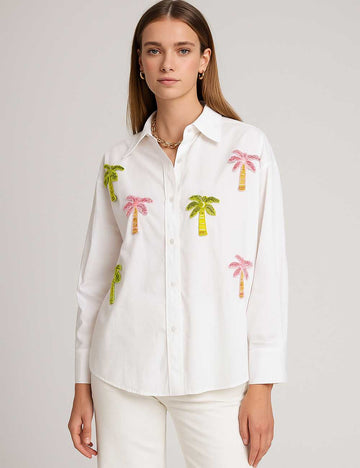 Women Sequin Coconut Tree Buttom Down Shirt