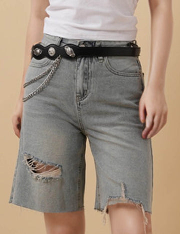 Ladies Distressed Button Pocket Raw Denim Shorts 8SKS5M71