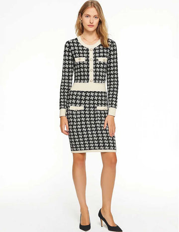 Ladies Round Neck Houndstooth Long Sleeves Knit Midi Dress