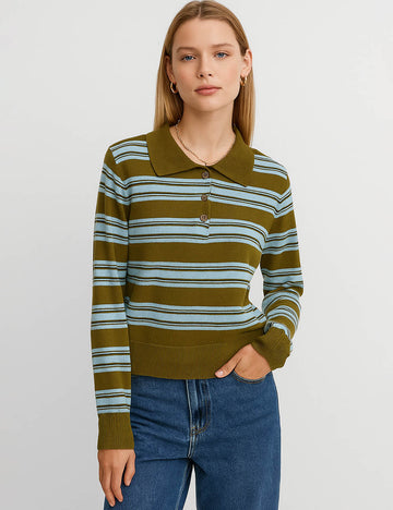 Ladies Color Block Polo Neck Long Sleeves Striped Knit Top