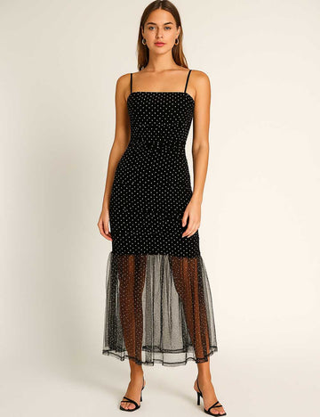 Ladies Polka Dot Bodycon Spaghetti Strap Sleeveless Maxi Dress
