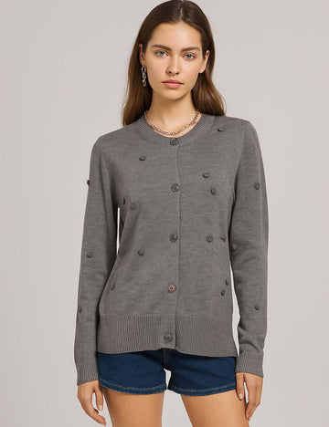 Ladies Round Neck Floral Embroidery Button Closure Knit Cardigan