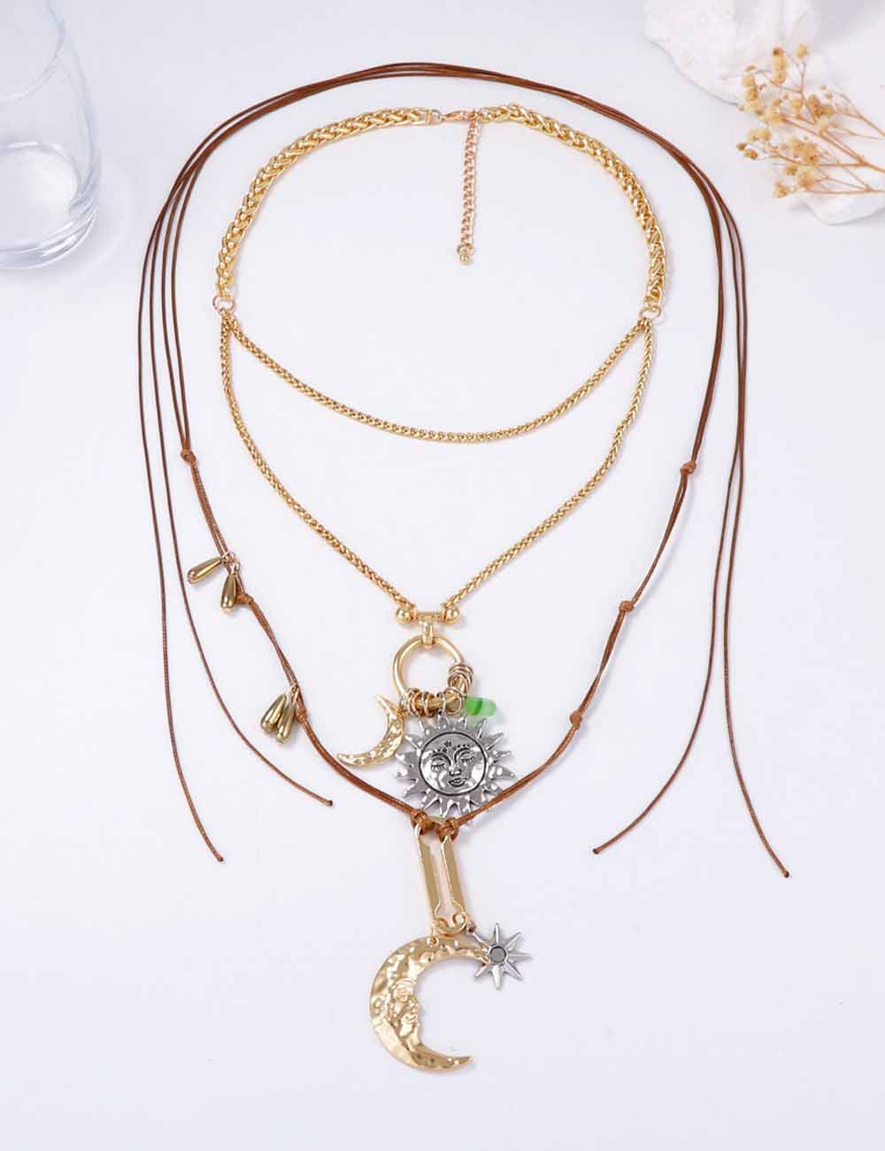 Ladies Alloy Sun-Moon Pendant Double Chain Necklace