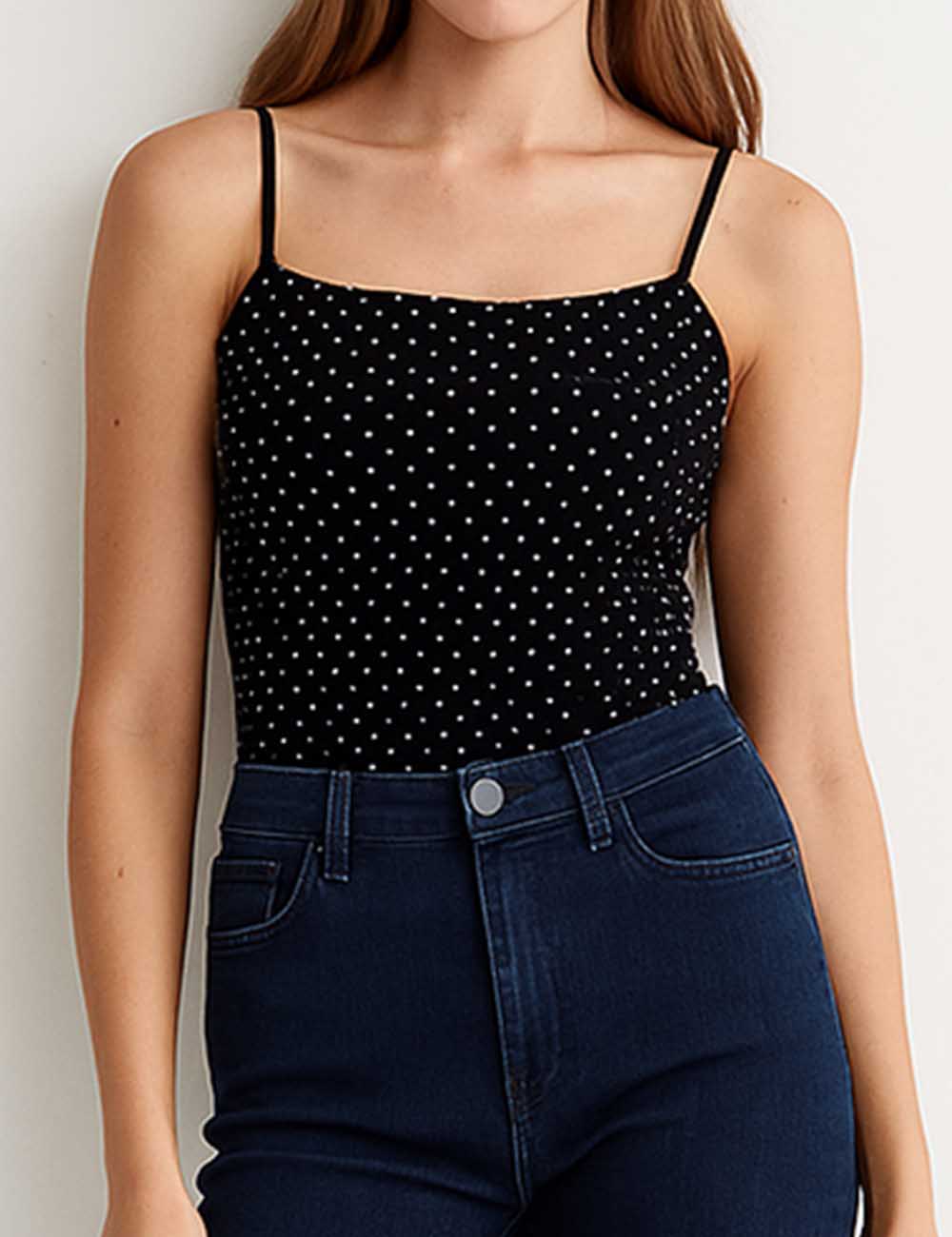 Ladies Polka Dot Color Block Spaghetti Strap Sleeveless Bodysuit