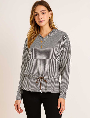 Ladies Striped Hoodie Drawstring Hem Lightweight Sweatshirt