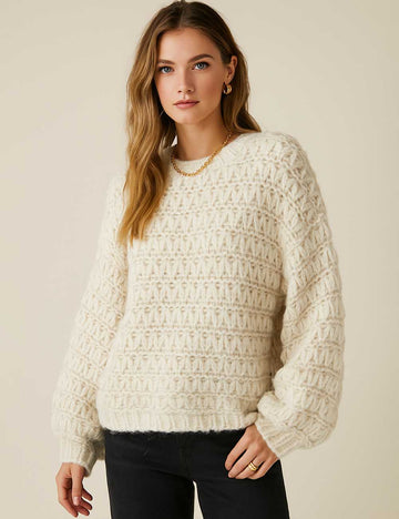 Ladies Chunky Knit Round Neck Balloon Sleeves Sweater Top