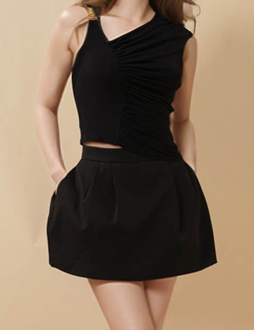 Ladies Solid Color One Shoulder Bud Layering Top & Skort Set