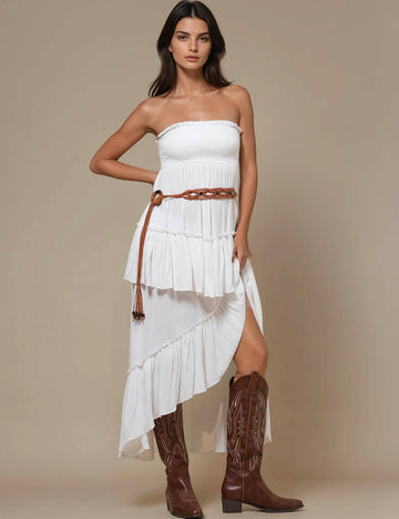 Ladies Solid Color Smocking Midi Dress / Maxi Skirt SKD51075