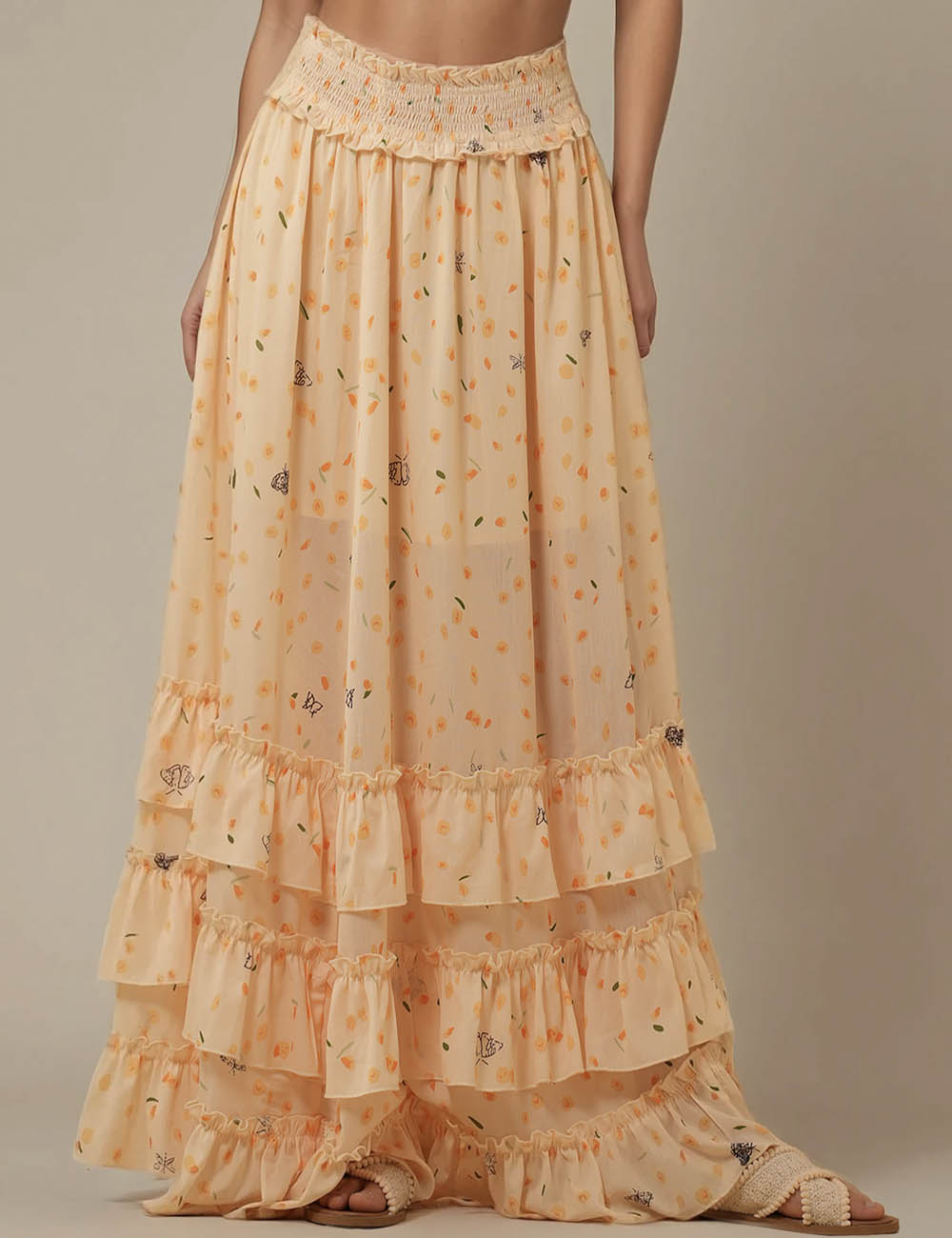 Ladies Floarl Chiffon Citrus Bloom Ruffle Maxi Skirt SKST5M5S