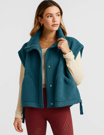 Ladies Cozy Sherpa Fleece Stand Collar Button Front Vest