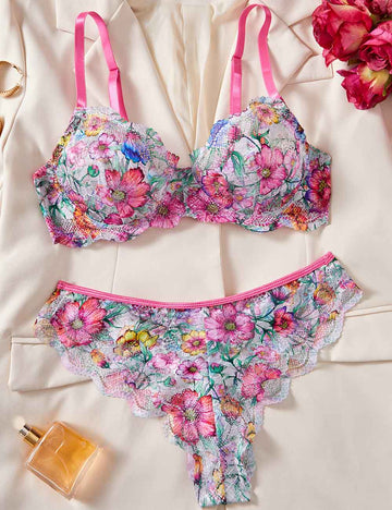 Ladies Sexy Eyelet Mesh Floral Thong Panty Lingerie Set