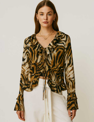 Women Tiger Striped V-Neck Long Sleeve Top Ruffle Cardigan SKTKX32