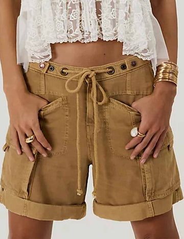 Ladies Pocket Drawstring Elastic Waist Rolled Denim Shorts
