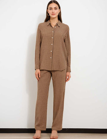Ladies Checked Turndown Collar Wide Leg Top & Pants Set