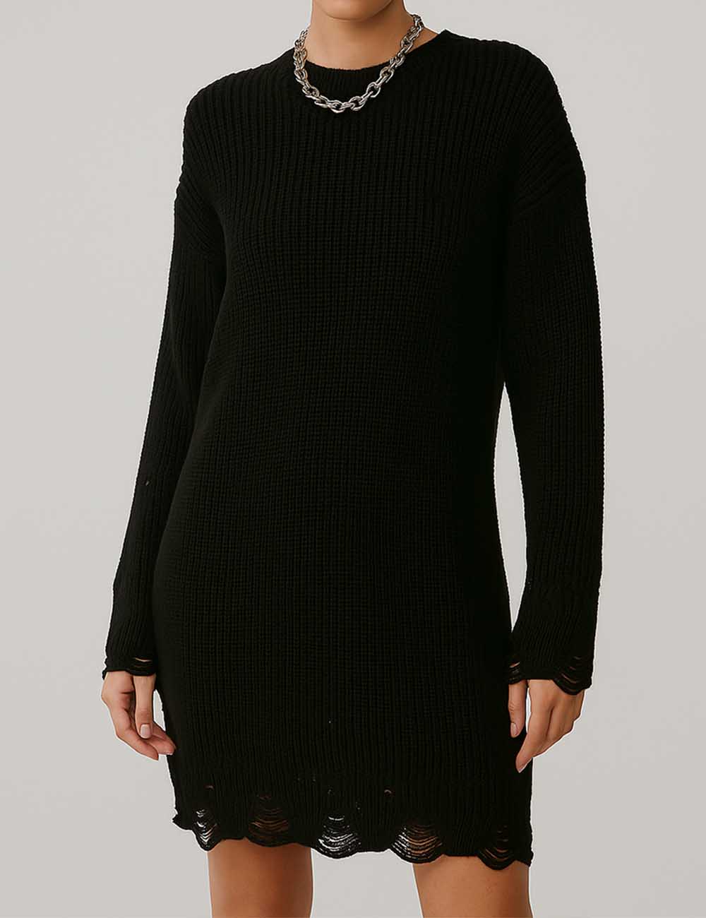 Ladies Solid Color Round Neck Distressed Knit Mini Dress