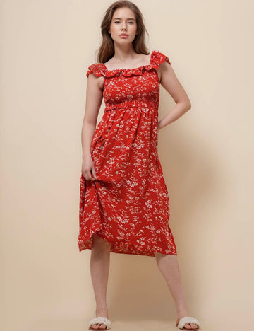 Ladies Square Neck Floral Print Midi Dress SKD51138