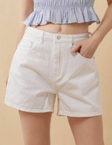 Ladies Solid Color Button Pocket Wide Leg Denim Shorts