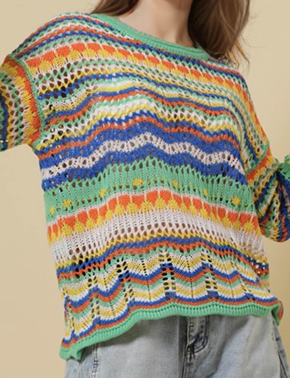 Ladie Round Neck Hollow Out Striped Sweater SKT50151