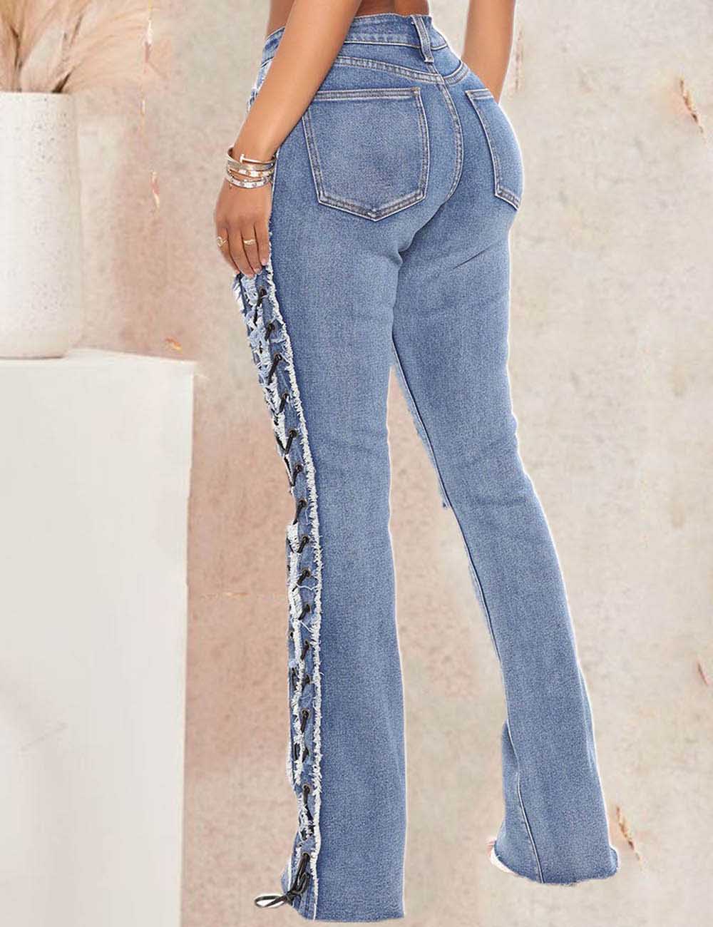 Ladies Distressed Lace Up Button Pocket Flared Denim Pants