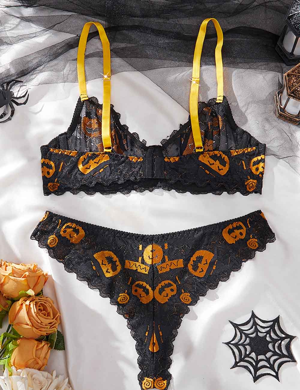 Ladies Sexy Pumpkin Skull Print Lingerie Set