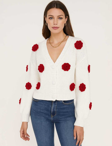 Ladies V-Neck Long Sleeves Crochet Rose Cardigan