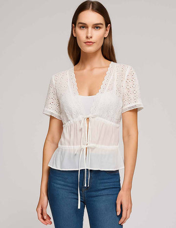 Ladies V-Neck Tie Front Floral Eyelet Lace Trim Top