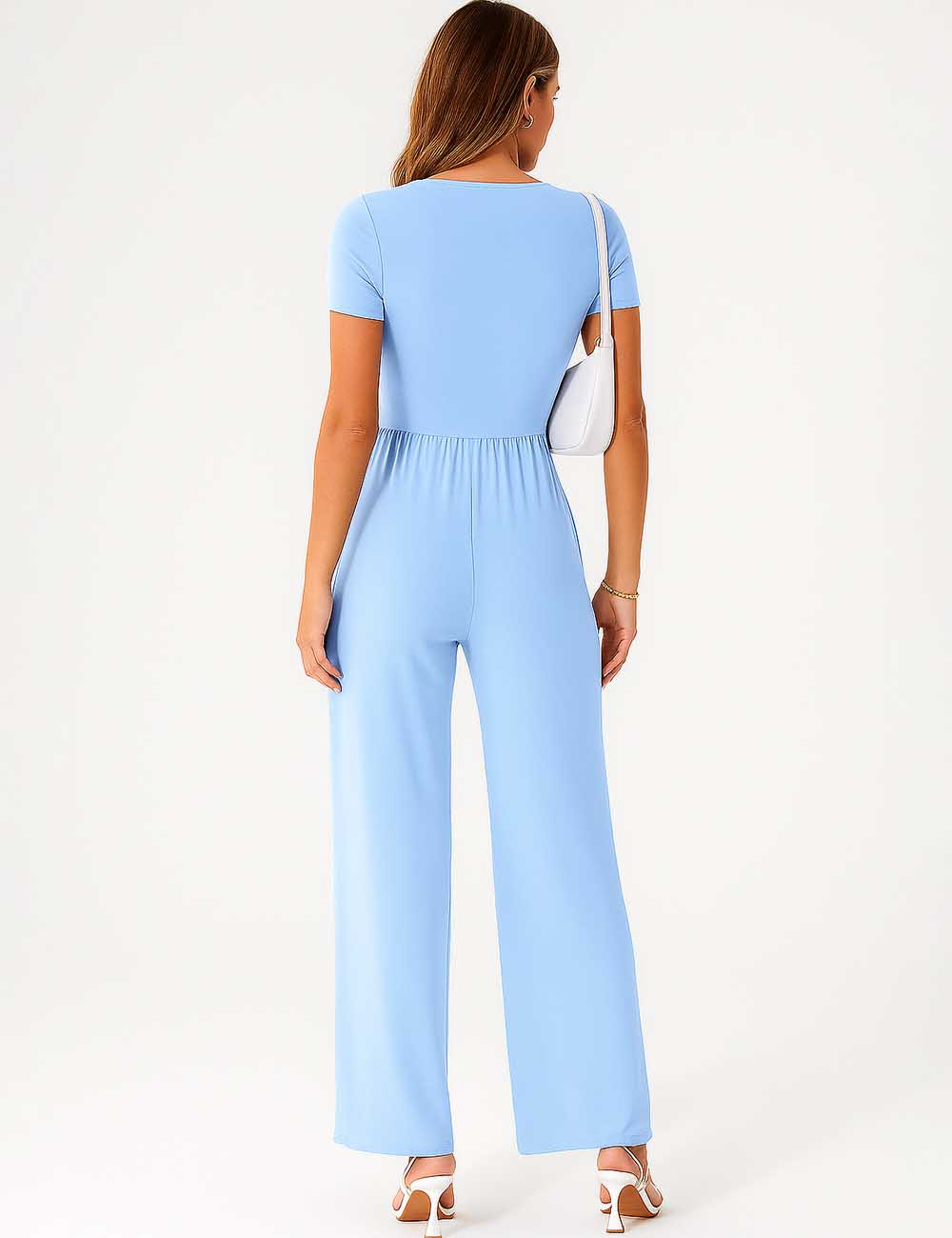 Ladies Ruched U-Neck Short Sleeves Wide Leg Jumpsuit