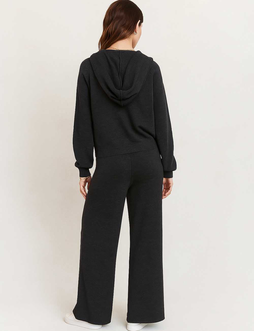 Ladies Hoodie Button Wide Leg Knit Top & Pants Set