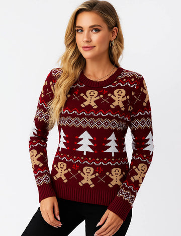 Ladies Multi Color Christmas Jacquard Pattern Pullover Sweater