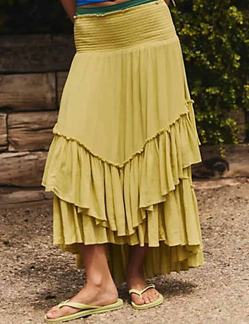 Ladies Tiered Ruffle Smocking Elastic Waist Maxi Skirt