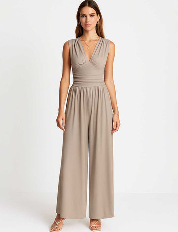 Ladies Ruched Deep V-Neck Sleeveless Wide Leg Jumpsuit
