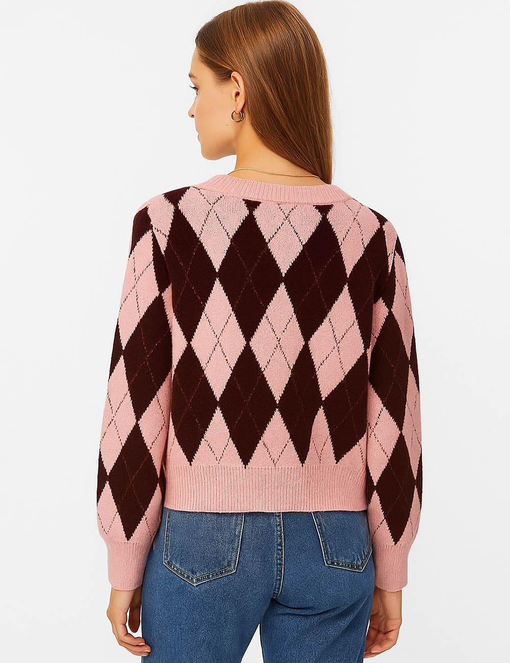 Ladies Geometric Pattern V-Neck Long Sleeves Knit Cardigan