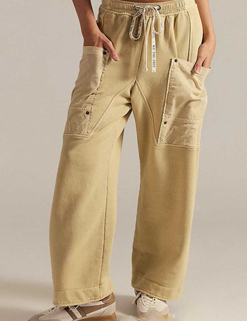 Ladies Elastic Waist Drawstring Pockets Stright Leg Denim Pants