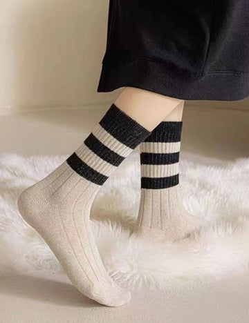 Ladies Rib Knit Color Block Stripe Socks SKASC4176