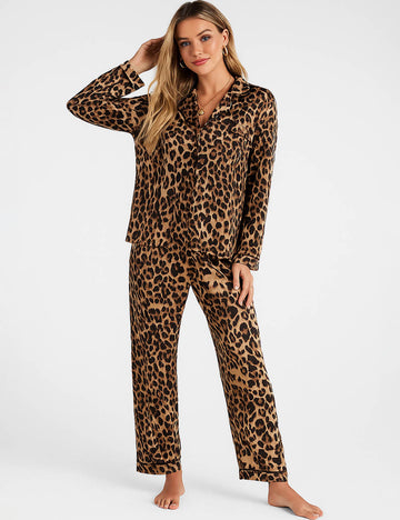 Ladies Satin Leopard Print Lapel Collar Shirt & Pants Lounge Set