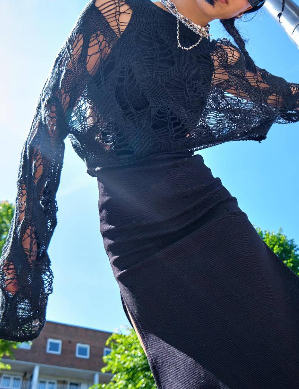 Ladies See Through Hallow Out Pullover Blouse Sweater SKT4975