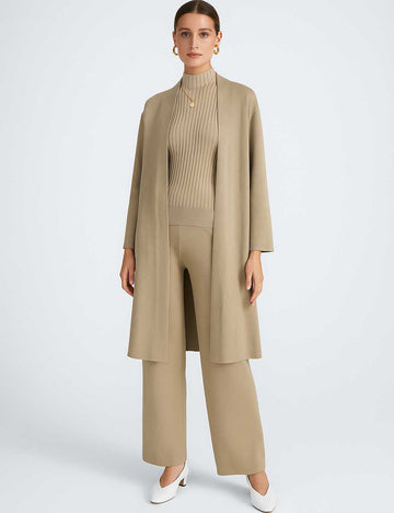 Ladies Solid Color Open Knit Cardigan & Pants 3PCS Set