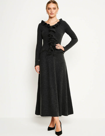 Ladies Solid Color Ruffle Trim Knit Top & Midi Skirt Set