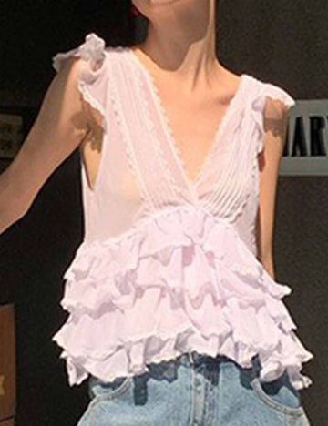 Ladies V-Neck Flutter Sleeves Tiered Ruffle Back Tie Top