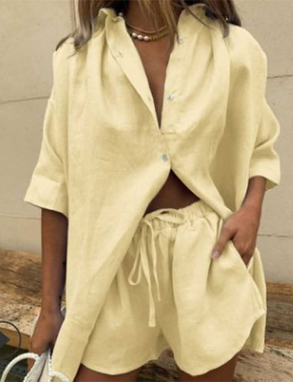 Ladies Solid Color Button Down Shirt & Shorts Set