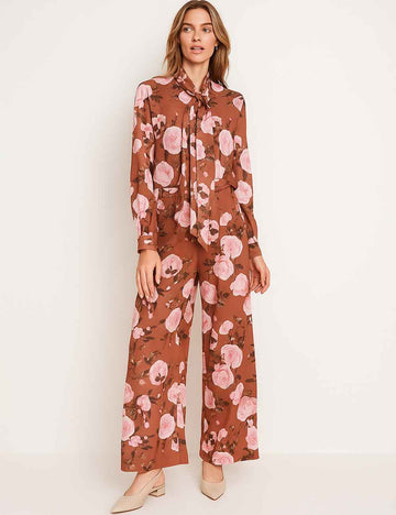 Ladies Floral Print Tie Neckline Long Sleeves Blouse & Pants
